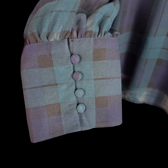 Cleo Blue and Green Plaid Blouse Keyhole Front And Sheer Sleeves With Cufffs Lrg - Picture 3 of 7